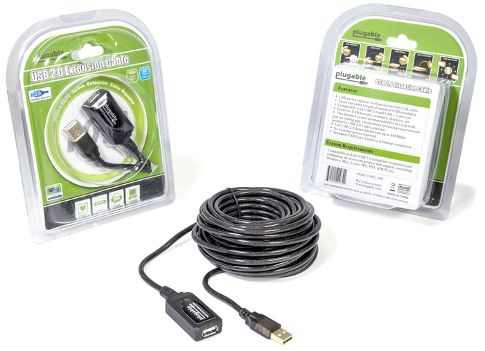 Plugable USB2-10M 10m/32ft USB 2.0 active extension cable with Type A male to female connectors and 480Mbps data rate.