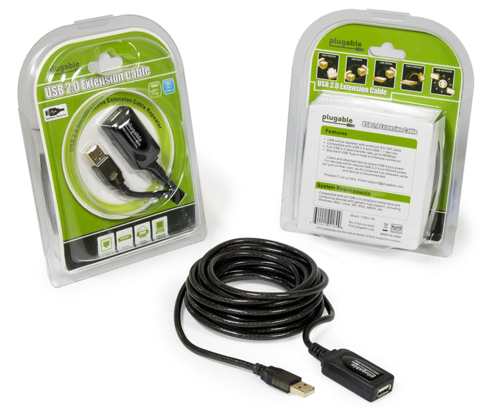 Plugable USB2-5M 5m/16ft USB 2.0 active extension cable, Type A male to female, 480Mbps, Windows/Mac/Linux compatible.