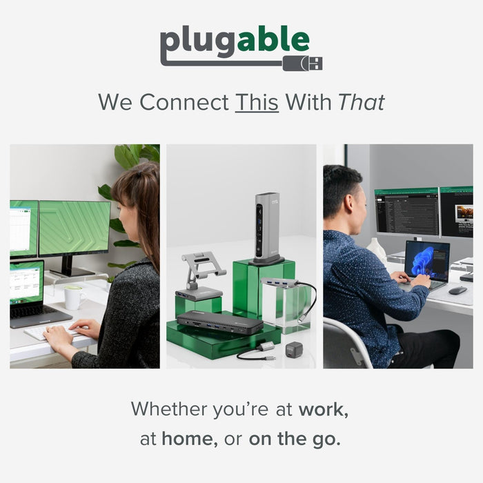 Plugable brand lifestyle graphic showing various docking stations, hubs, and adapters in home and office workspaces.