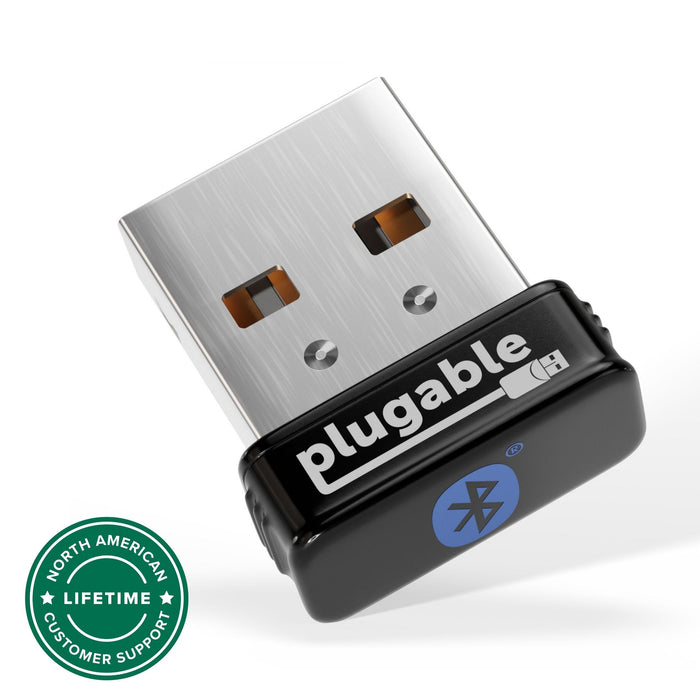 Plugable USB Bluetooth 4.0 Low Energy micro adapter with North American lifetime customer support badge.