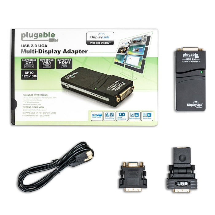Plugable UGA-165 USB 2.0 adapter supports DVI, VGA, HDMI, 1920x1080 resolution, 6 displays, and rotation modes.