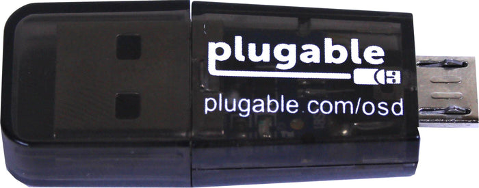 Plugable USB2-OTGTF card reader with USB-A and Micro-B connectors, featuring Plugable branding and plugable.com/osd.