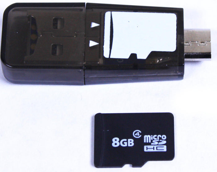 Plugable USB2-OTGTF card reader with USB-A and Micro-B connectors, shown with an 8GB Class 4 microSDHC card.