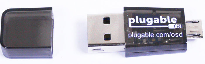 Plugable USB2-OTGTF card reader with USB-A and Micro-B OTG connectors, showing plugable.com/osd branding.
