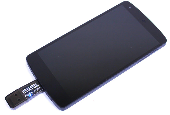 Plugable USB2-OTGTF MicroSD card reader connected to a smartphone via Micro-B OTG port.