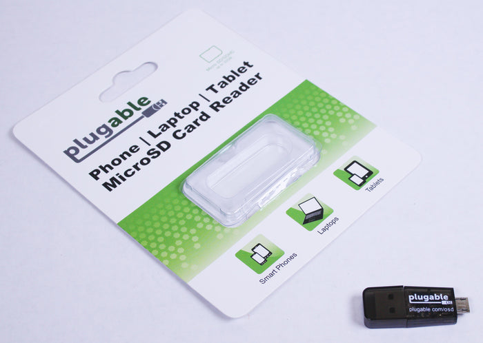 Plugable USB2-OTGTF MicroSD card reader packaging for phones, laptops, and tablets, supporting Micro SD/SDHC up to 32GB.