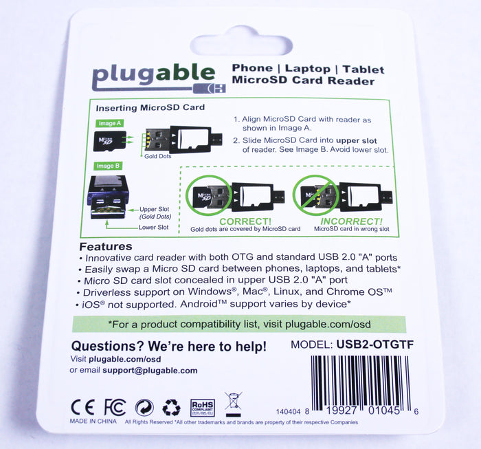 USB2-OTGTF MicroSD reader instructions: insert card into upper slot. Features USB 2.0 A and OTG ports. OS support listed.