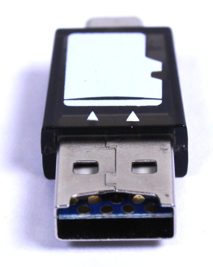 USB2-OTGTF card reader showing a MicroSD card icon and orientation arrows on the housing above the USB-A connector.
