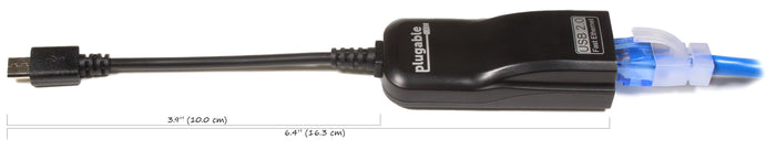Plugable USB 2.0 Fast Ethernet adapter with Micro-B connector. Cable length 3.9 inches (10.0 cm), total 6.4 inches (16.3 cm).