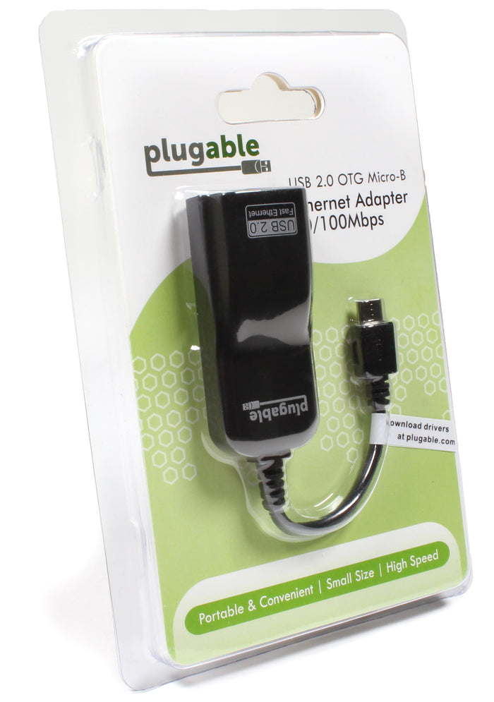 Plugable USB 2.0 OTG Micro-B to Fast Ethernet adapter in retail packaging, supporting 100Mbps speeds.
