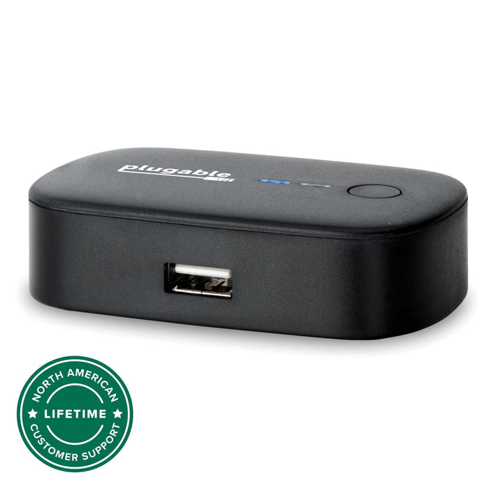 Plugable USB2-SWITCH2 sharing switch with one front USB-A port, status LEDs, and a push-button toggle.