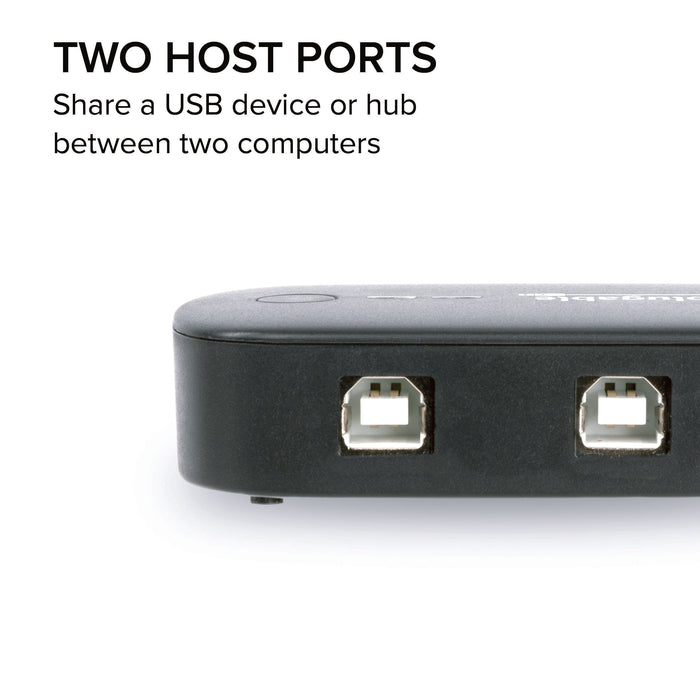 USB2-SWITCH2 features two host ports to share a USB device or hub between two computers.