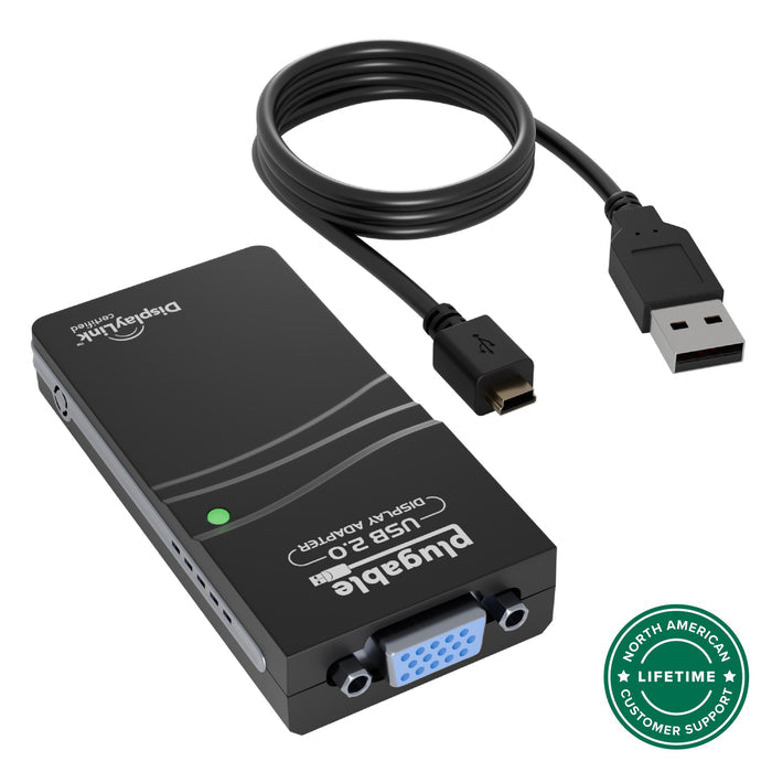 Plugable USB 2.0 to VGA display adapter with attached USB cable and DisplayLink certified branding.