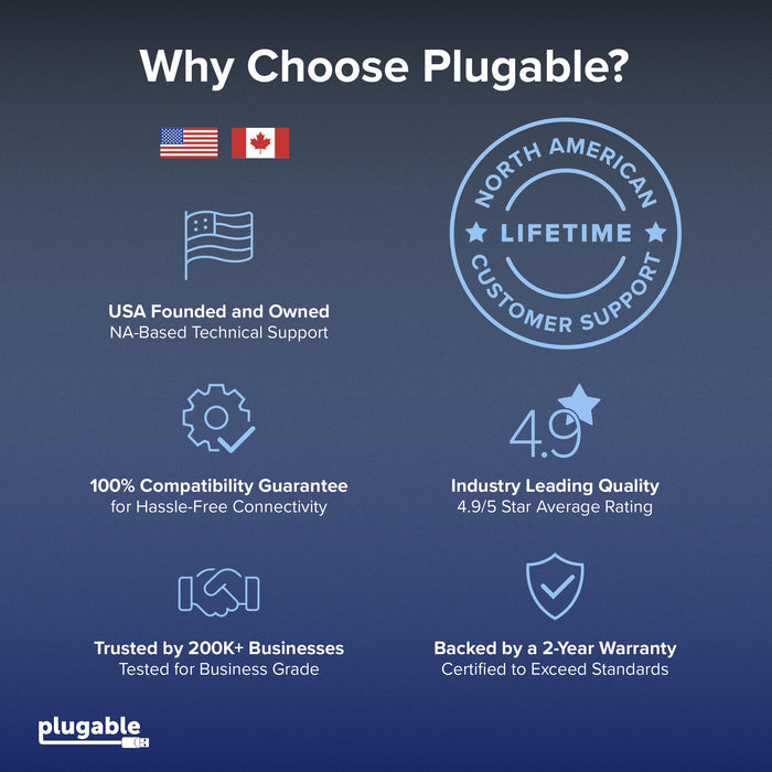 Plugable support features: USA founded, lifetime North American support, 100% compatibility, 4.9/5 rating, 2-year warranty.