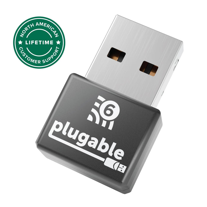 Plugable USB WiFi 6 adapter with North American lifetime customer support badge.