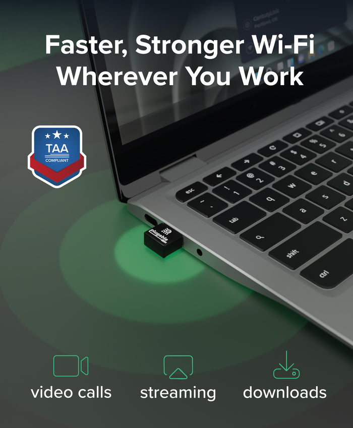 Plugable USB-WIFINT WiFi adapter plugged into a laptop, featuring TAA compliance and optimized for video, streaming, data.