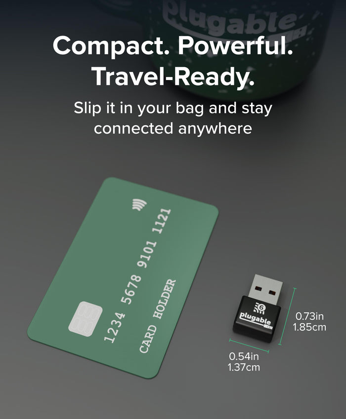 Plugable USB-WIFINT WiFi adapter dimensions: 0.73in (1.85cm) height by 0.54in (1.37cm) width.