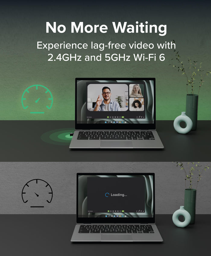 USB-WIFINT WiFi 6 adapter provides 2.4GHz and 5GHz connectivity for lag-free video conferencing on a laptop.