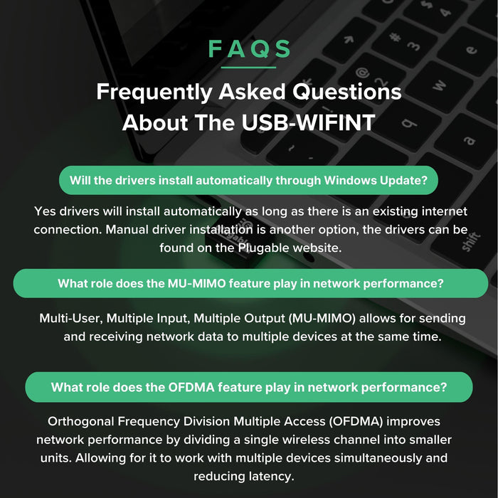 USB-WIFINT FAQ infographic: covers automatic Windows driver installation, MU-MIMO multi-device data, and OFDMA latency.