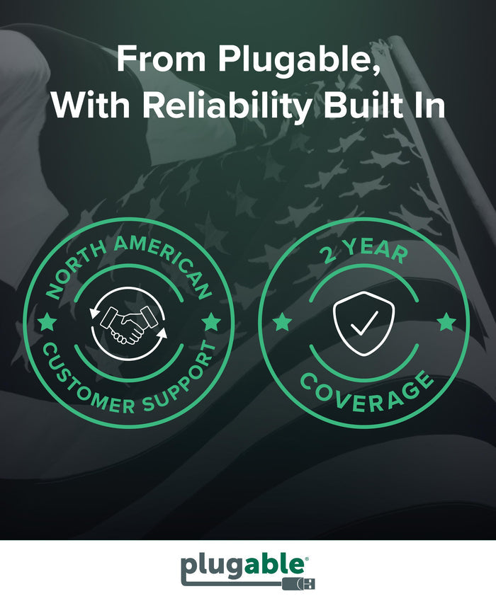 Plugable product support features: North American customer support and 2-year coverage.