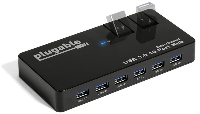 Plugable SuperSpeed USB 3.0 10-Port Hub with two flip-up charging ports.