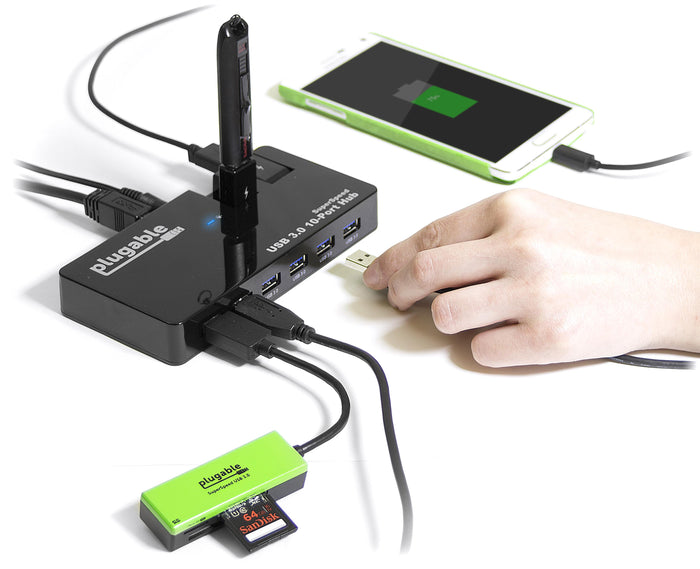 Plugable USB 3.0 10-Port Hub with SuperSpeed data transfer, showing multiple connected USB devices and a card reader.