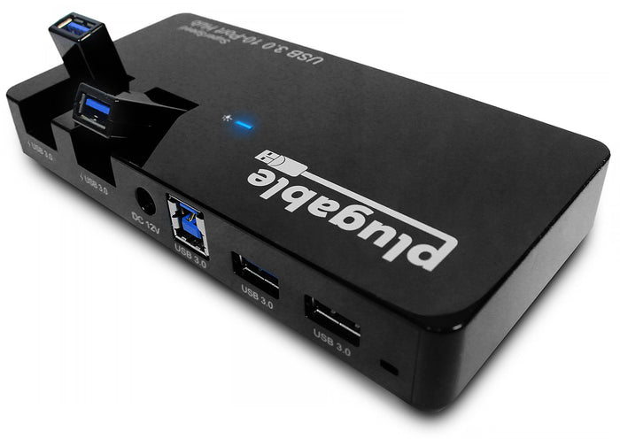 Plugable USB 3.0 10-Port Hub with two flip-up USB 3.0 ports, DC 12V input, and multiple USB 3.0 ports.