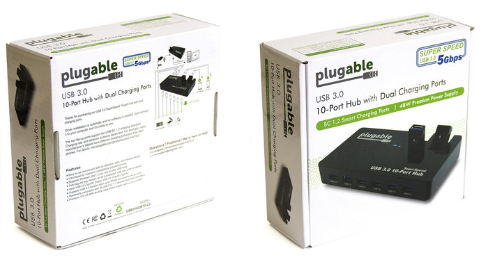 Plugable USB 3.0 10-port hub with 5Gbps data, BC 1.2 smart charging, and 48W power adapter.