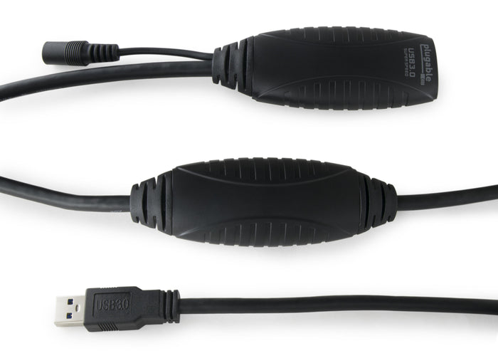 Plugable USB 3.0 Super Speed active extension cable with integrated power input and signal repeater housing.