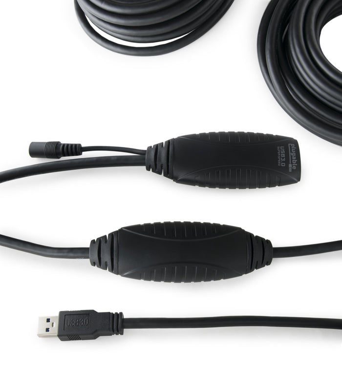 Plugable USB 3.0 Super Speed active extension cable with integrated power input and signal repeater housing.