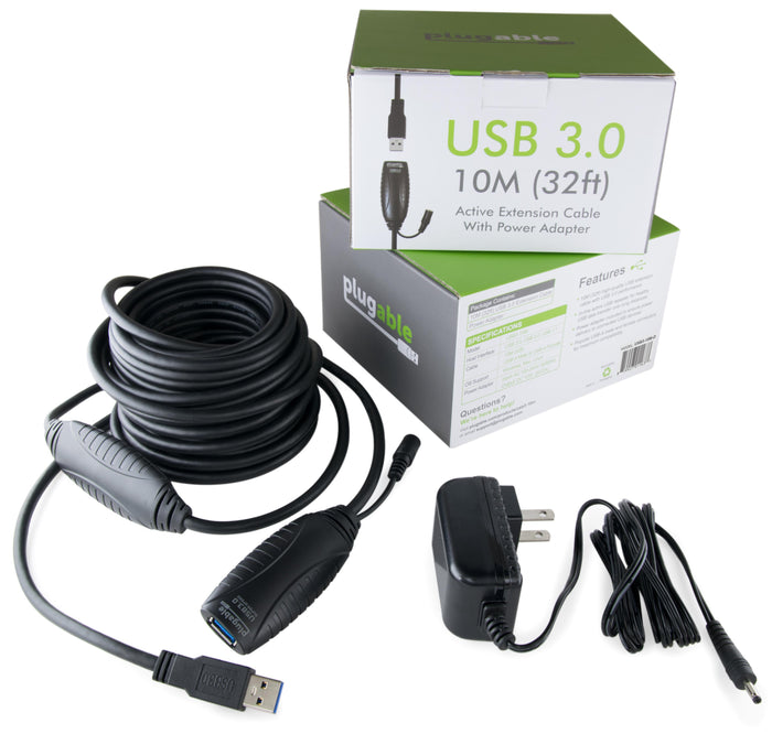 Plugable USB3-10M-D 10M (32ft) USB 3.0 active extension cable with AC power adapter, 5V/2A output, and OS support.
