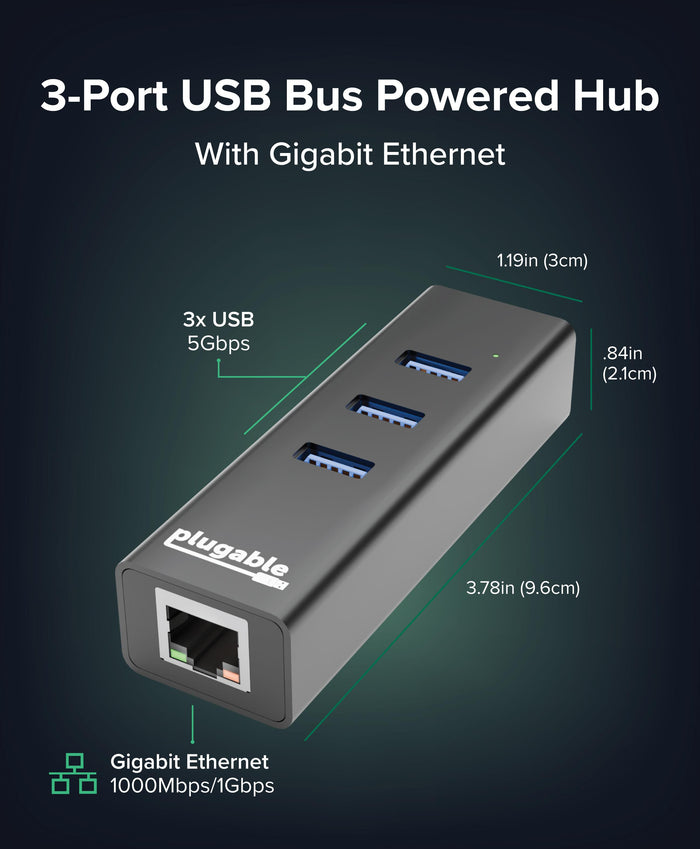 Plugable 3-port USB bus-powered hub with Gigabit Ethernet, 3x USB 5Gbps ports, 1000Mbps/1Gbps LAN, 3.78in x 1.19in x .84in.