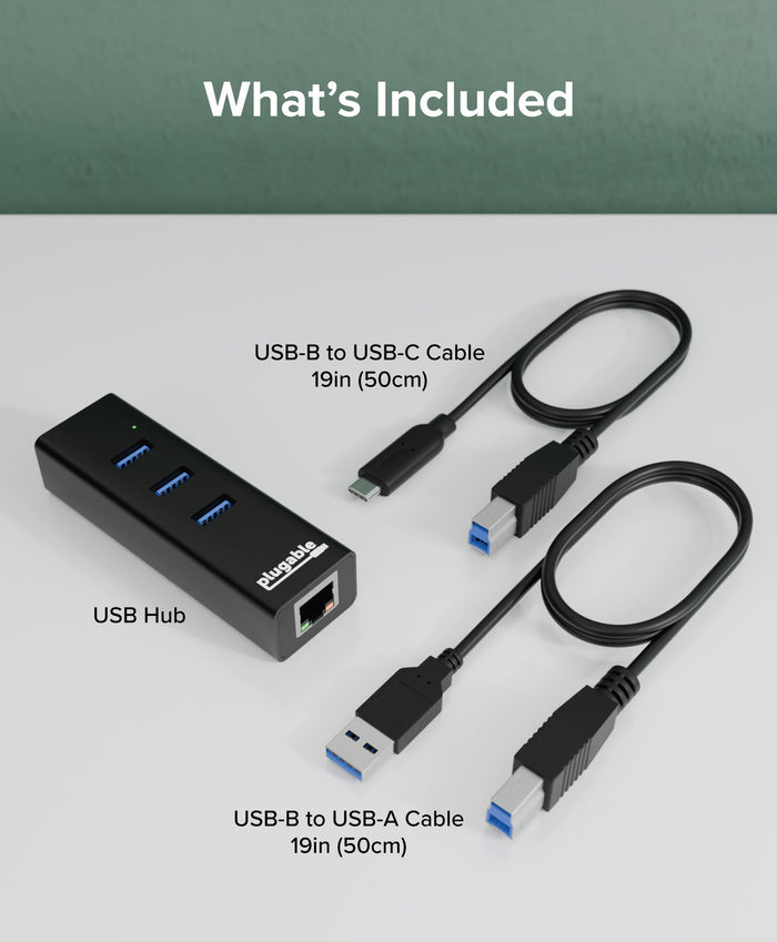 Plugable USB3-HUB3ME includes USB hub, 19in (50cm) USB-B to USB-C cable, and 19in (50cm) USB-B to USB-A cable.