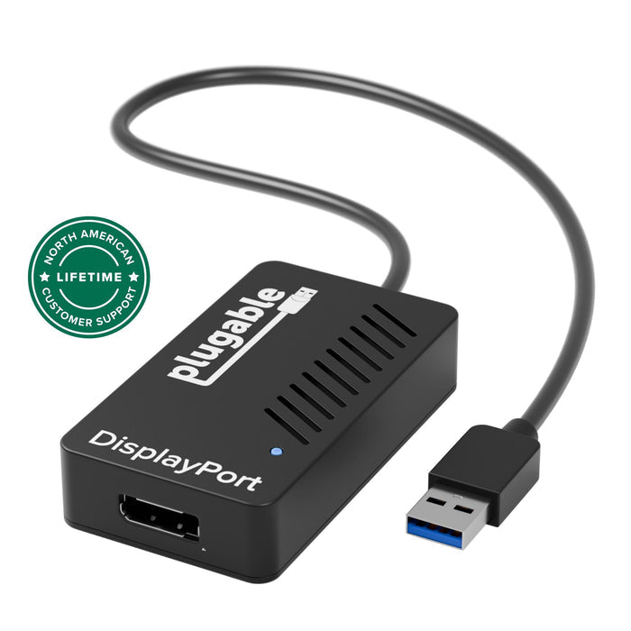 Plugable USB 3.0 to DisplayPort adapter with integrated cable and North American lifetime customer support badge.