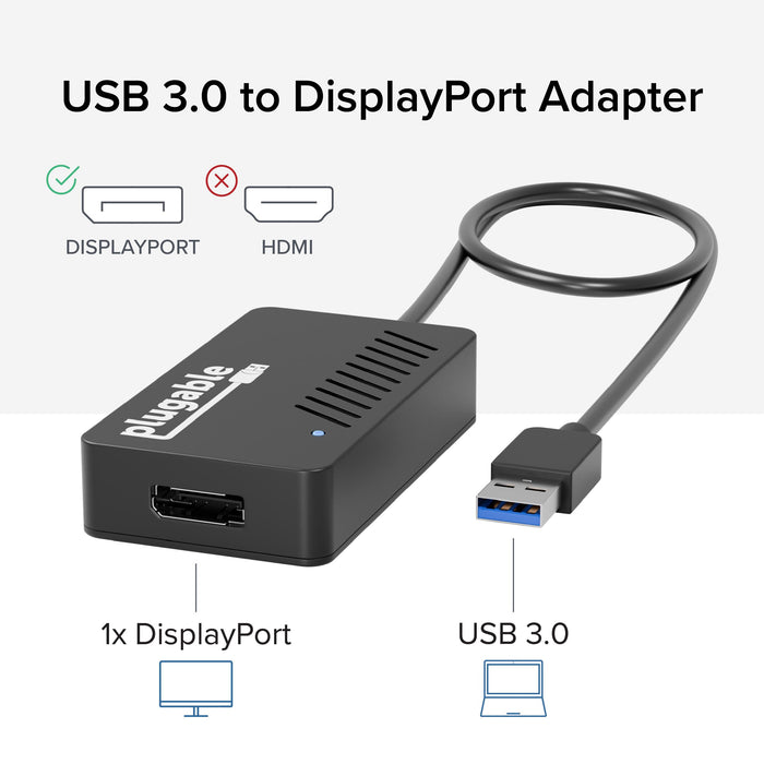 Plugable USB 3.0 to DisplayPort adapter showing 1x DisplayPort output and USB 3.0 input; HDMI is not supported.