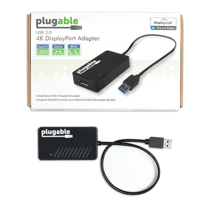 Plugable USB 3.0 to DisplayPort adapter supports 3840x2160 4K/UHD resolution at 30Hz with DisplayLink technology.