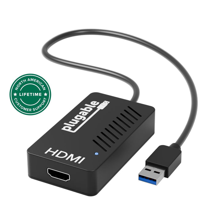 Plugable USB 3.0 to HDMI graphics adapter with integrated cable and North American lifetime customer support badge.