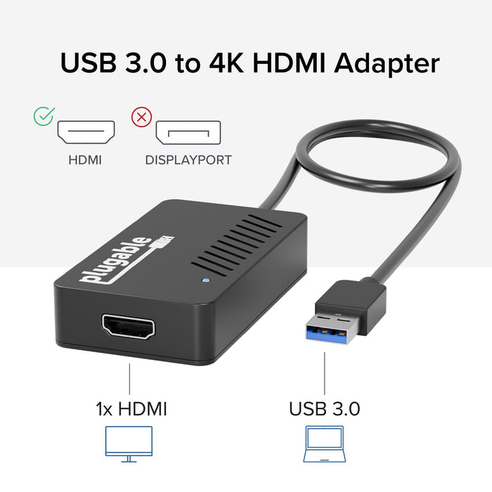 Plugable USB 3.0 to 4K HDMI adapter showing 1x HDMI output and USB 3.0 input. Compatible with HDMI, not DisplayPort.