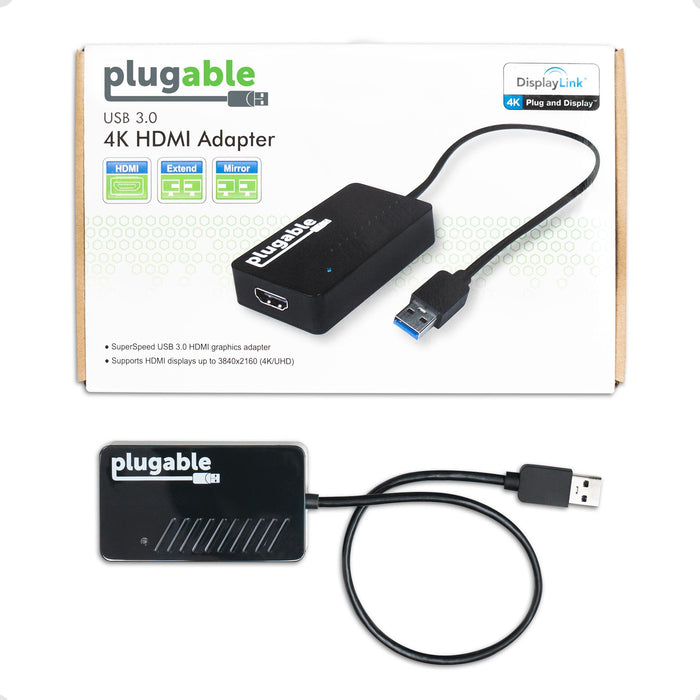 Plugable USB 3.0 4K HDMI adapter supports extend and mirror modes for HDMI displays up to 3840x2160 resolution.
