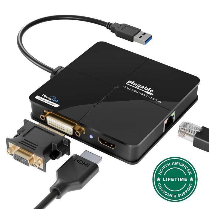 Plugable USB 3.0 Dual Head Multi-Display docking station with DVI, HDMI, and Ethernet ports, plus DVI-to-VGA adapter.