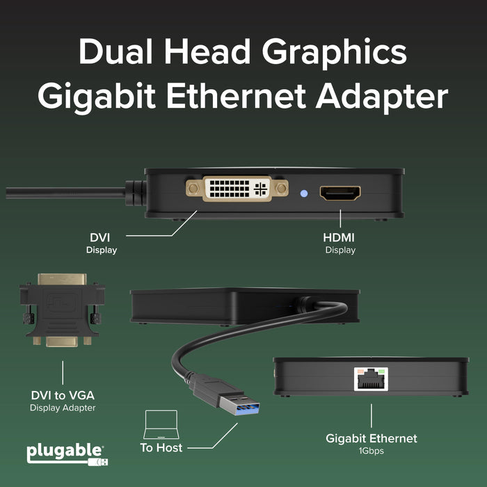 USB3-3900DHE features DVI and HDMI display ports, DVI to VGA adapter, Gigabit Ethernet 1Gbps port, and USB host cable.