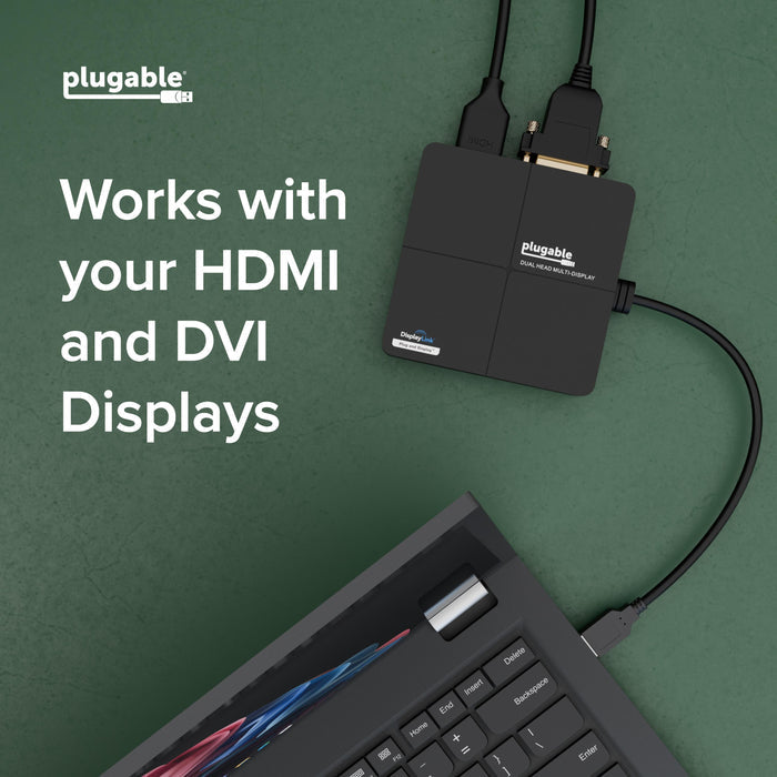 Plugable USB3-3900DHE Dual Head Multi-Display docking station connected to a laptop with HDMI and DVI display cables.