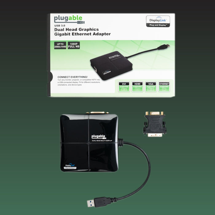 Plugable USB 3.0 adapter supports 2560x1440, 1080p, DVI, HDMI, VGA, and Ethernet connectivity.