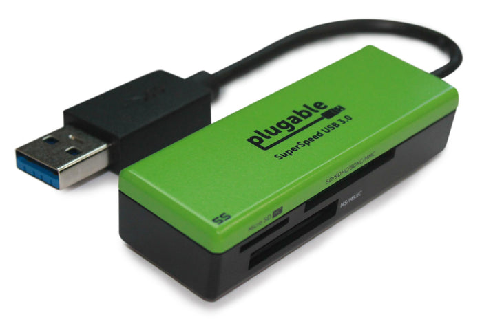 Plugable SuperSpeed USB 3.0 flash memory card reader with slots for SD, SDHC, SDXC, MMC, Micro SD, MS, and MSXC cards.