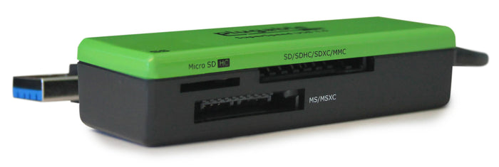 Plugable USB 3.0 card reader with slots for Micro SD HC, SD/SDHC/SDXC/MMC, and MS/MSXC cards.