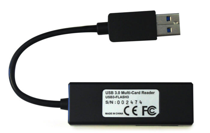 Plugable USB3-FLASH3 USB 3.0 Multi-Card Reader with attached USB-A cable, showing serial number and regulatory marks.