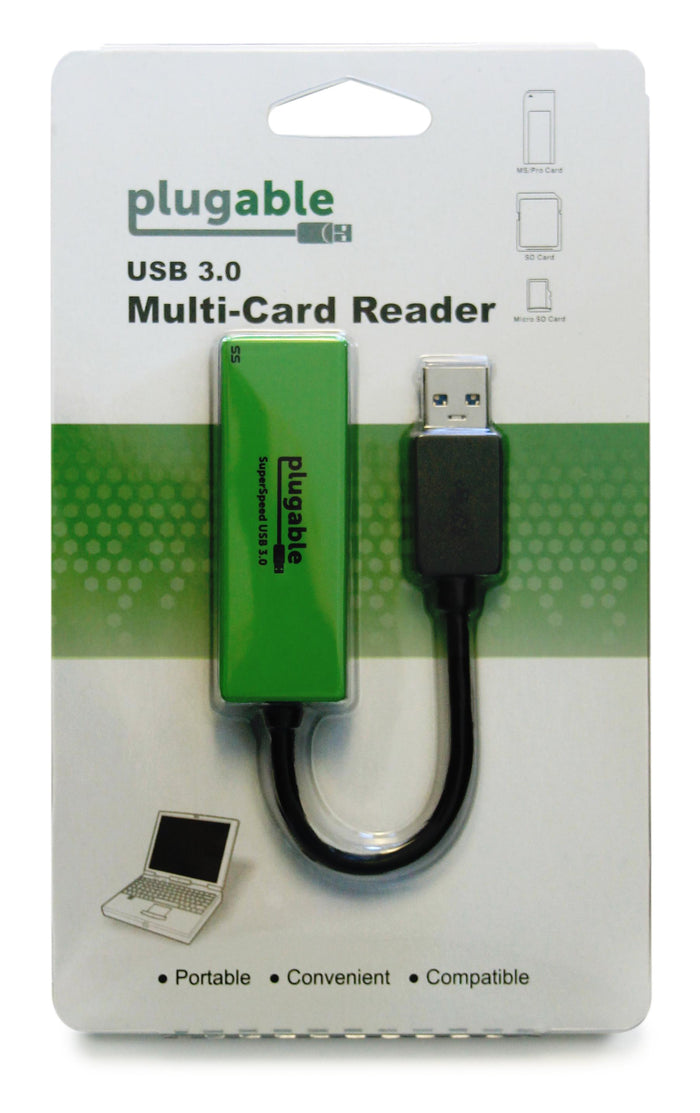 Plugable USB 3.0 Multi-Card Reader packaging showing support for MS/Pro, SD, and Micro SD cards.