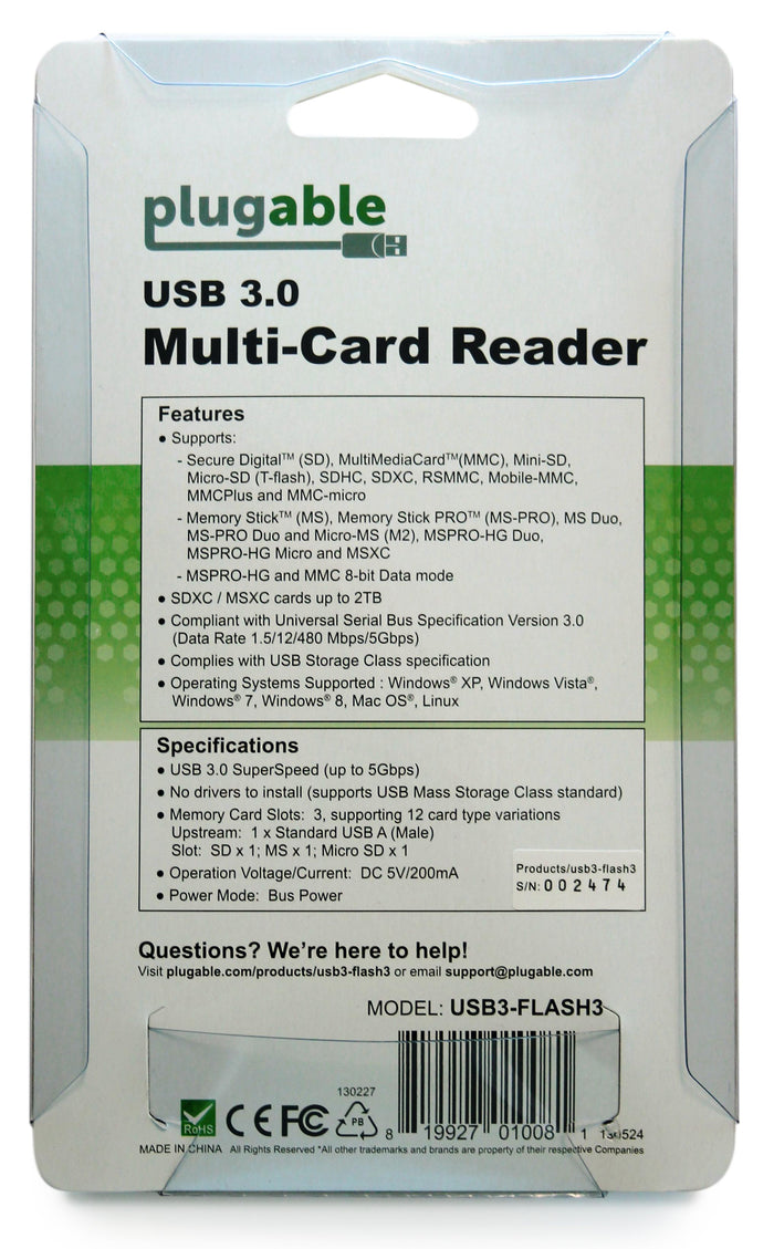 Plugable USB 3.0 Multi-Card Reader specs: supports SD, MS, MMC cards up to 2TB, 5Gbps data rate, 3 slots, bus powered.