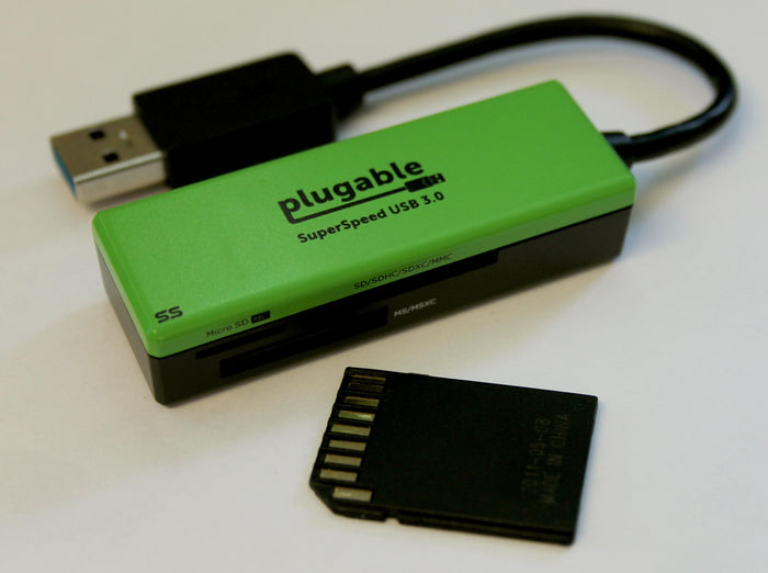 Plugable SuperSpeed USB 3.0 card reader with slots for SD, SDHC, SDXC, MMC, Micro SD, MS, and MSXC memory cards.