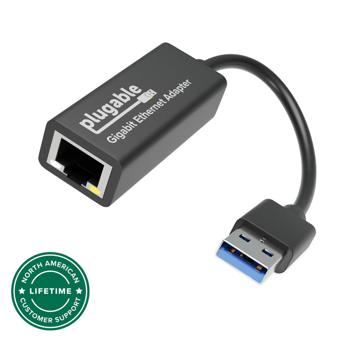 Plugable Gigabit Ethernet Adapter with USB-A connector and North American lifetime customer support badge.